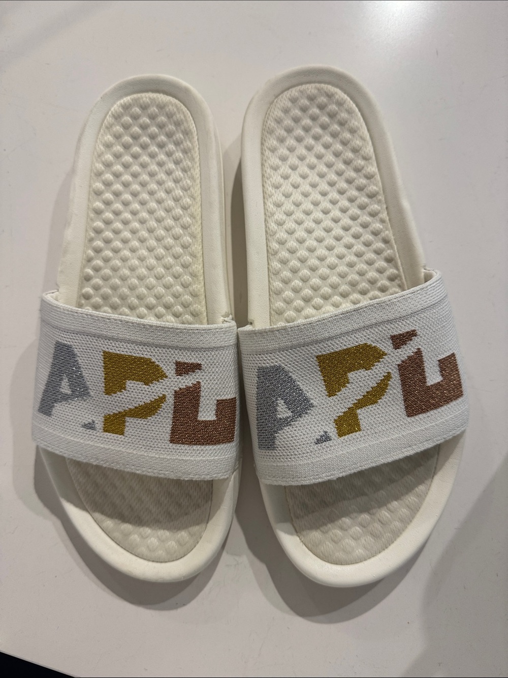 White Slide Sandals with Multicolor Graphic Strap
